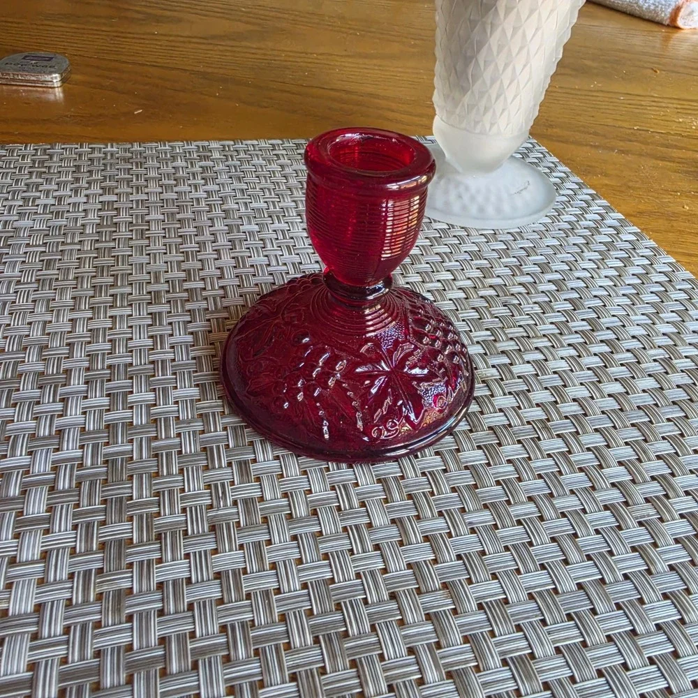Vintage Imperial Glass Ruby Red Grape Vine Candlestick Candle Holder Decor